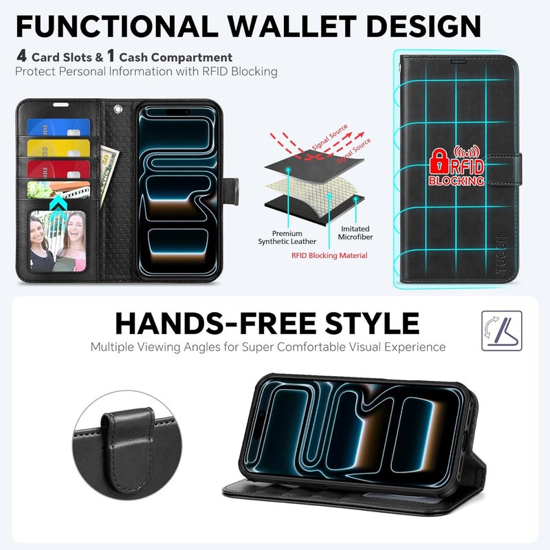 TUCCH 2-in-1 Detachable Wallet Case for iPhone 17 Pro Max (6.9") 2025, Wireless Charging | RFID Blocking 4 Card Holder | Wrist Strap | Kickstand | Magnetic | PU Leather | Protective Flip Cover | Black - Image 5
